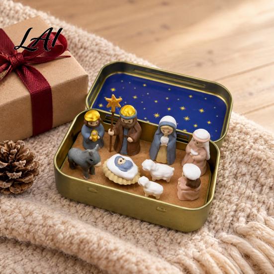Meaningful Gifts for Family 3D Printed Miniature Christmas Nativity Scene Set in Tin Box Holy Religious Ornaments Figurines Holiday Tabletop