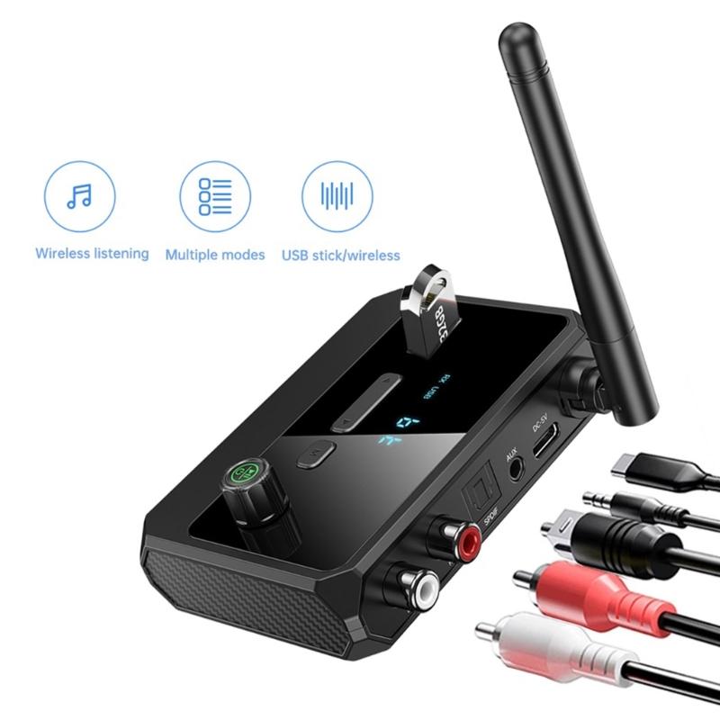 Wireless Bluetoothcompatible Receiver USB U Disk Play Adapter with R/L 2 RCA/3.5MM AUX/Optical Fiber Jackfor Car Speaker