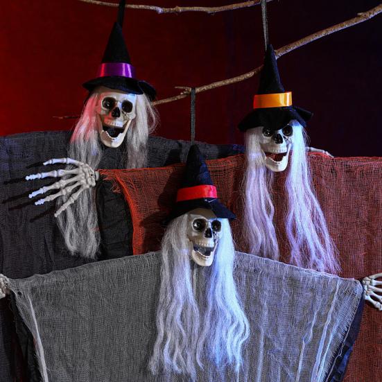 Halloween Hanging Skull Realistic Skull Ghost Decoration with Long Hair Poseable Wire Spooky Hanging Skeleton Prop for Halloween Party