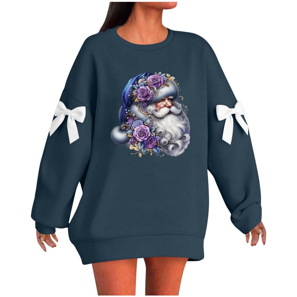 Ladies' Christmas Printed Bow Round Neck Long Sleeved Loose Pullover Sweater Sweatshirt Top