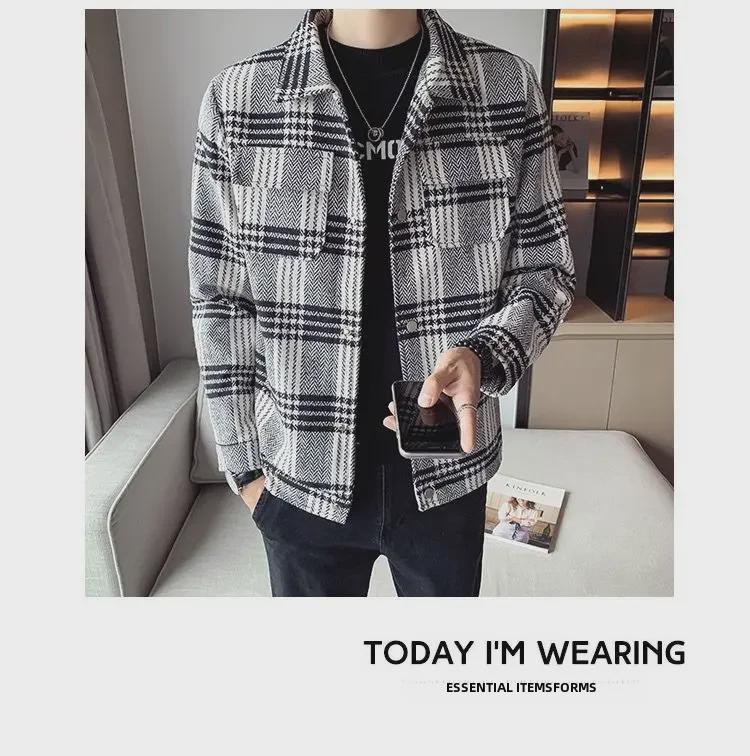 Men's Trendy Plaid Wool Jacket - Slim, Thick, Short Coat for Autumn and Winter