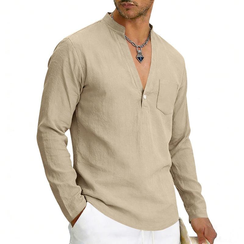 Loose-fit, breathable men’s casual linen shirt with a wide V-neck and a stand-up collar, ideal for outdoor wear