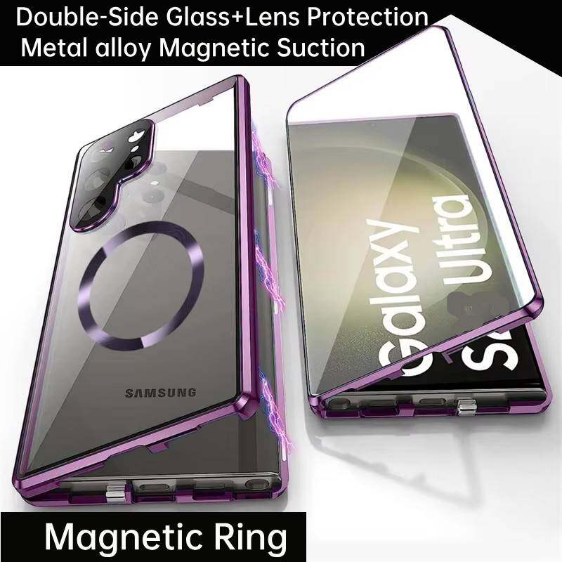 Чехол для Samsung Galaxy S21 S22 S23 Ultra, с двухсторонними магнитными чехлами из закаленного стекла, Magsafe, крышка с металлическим бампером с магнитной адсорбцией