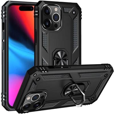 Черный чехол для iPhone 14 PRO MAX - Противоударная защита в военном стиле, прочное кольцо-подставка, вращающееся на 360 градусов, Phonillico®