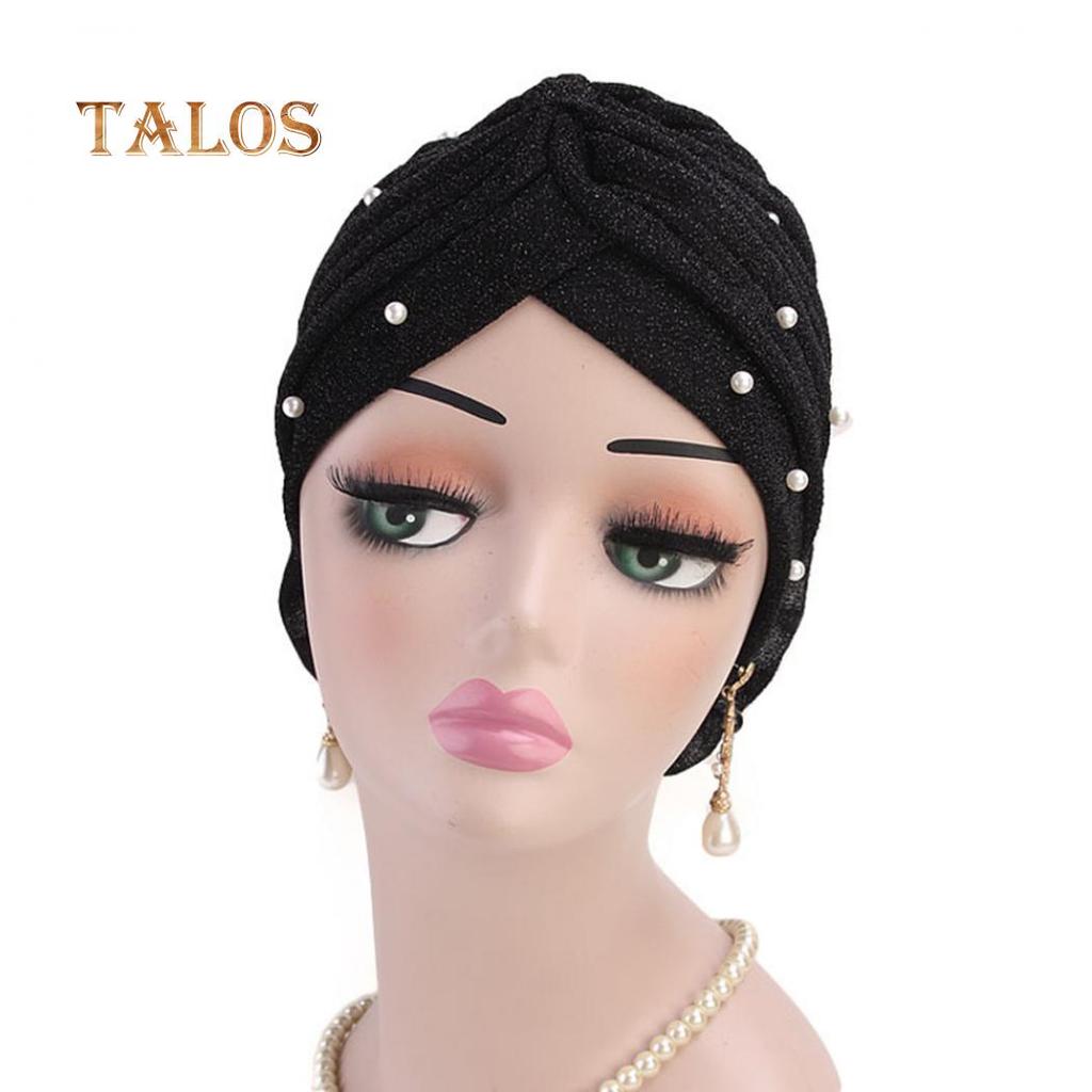 TALOS Fashion Faux Pearl Decor Big Flower Women Hijab Turban Hat Head Wrap