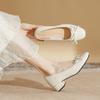 Leather Retro Square Head Bow Light Mouth Low Heel Single Shoes Women's New Autumn Soft Sole Fairy Style Thick Heel High Heels