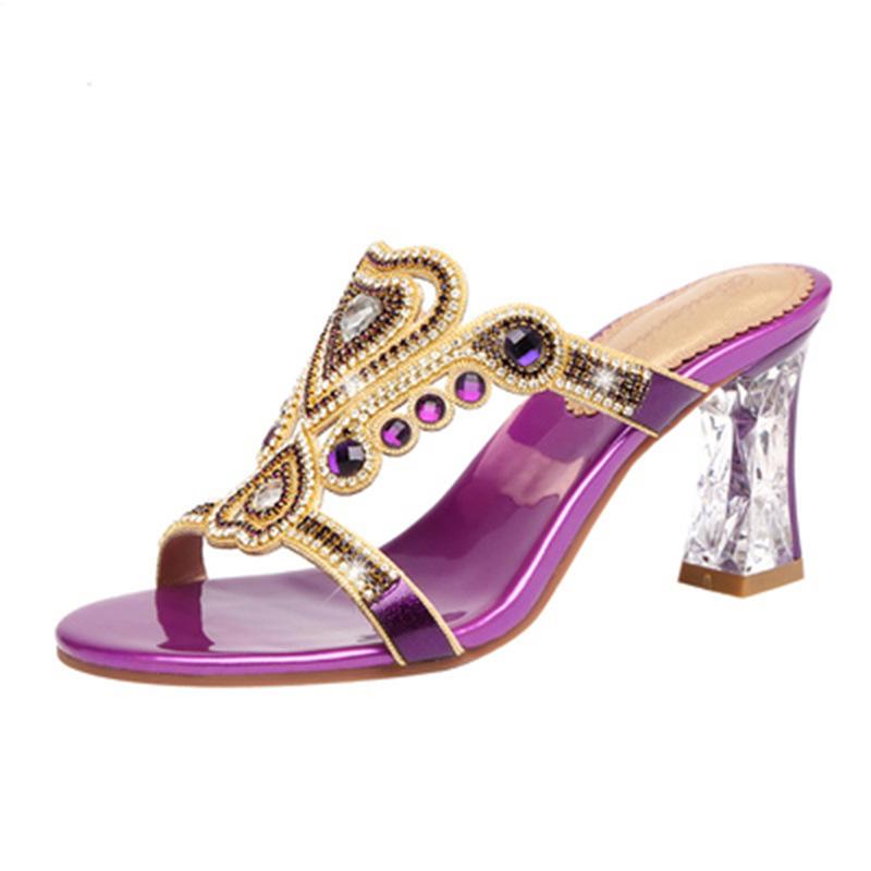 Новые модные сандалии женские сандалии с бриллиантами тапочки на высоком каблуке нескользящие туфли для банкета бриллиантовые пляжные туфли женские
