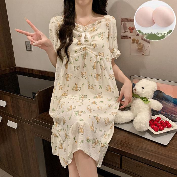 Ночная рубашка с короткими рукавами и нагрудной подкладкой 2024 года – Милый хлопковый облачный стиль в стиле мультяшной принцессы
