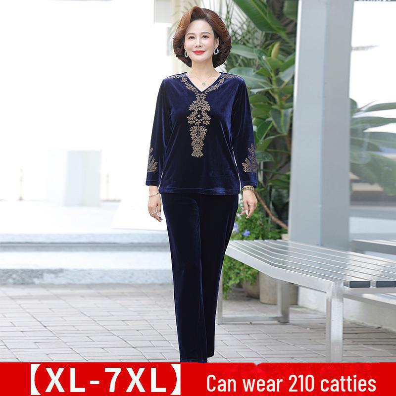 Women's Autumn Gold Velvet Suit: Fashionable, Loose-Fit Two-Piece for Middle-Aged & Elderly, Plus-Size Available.