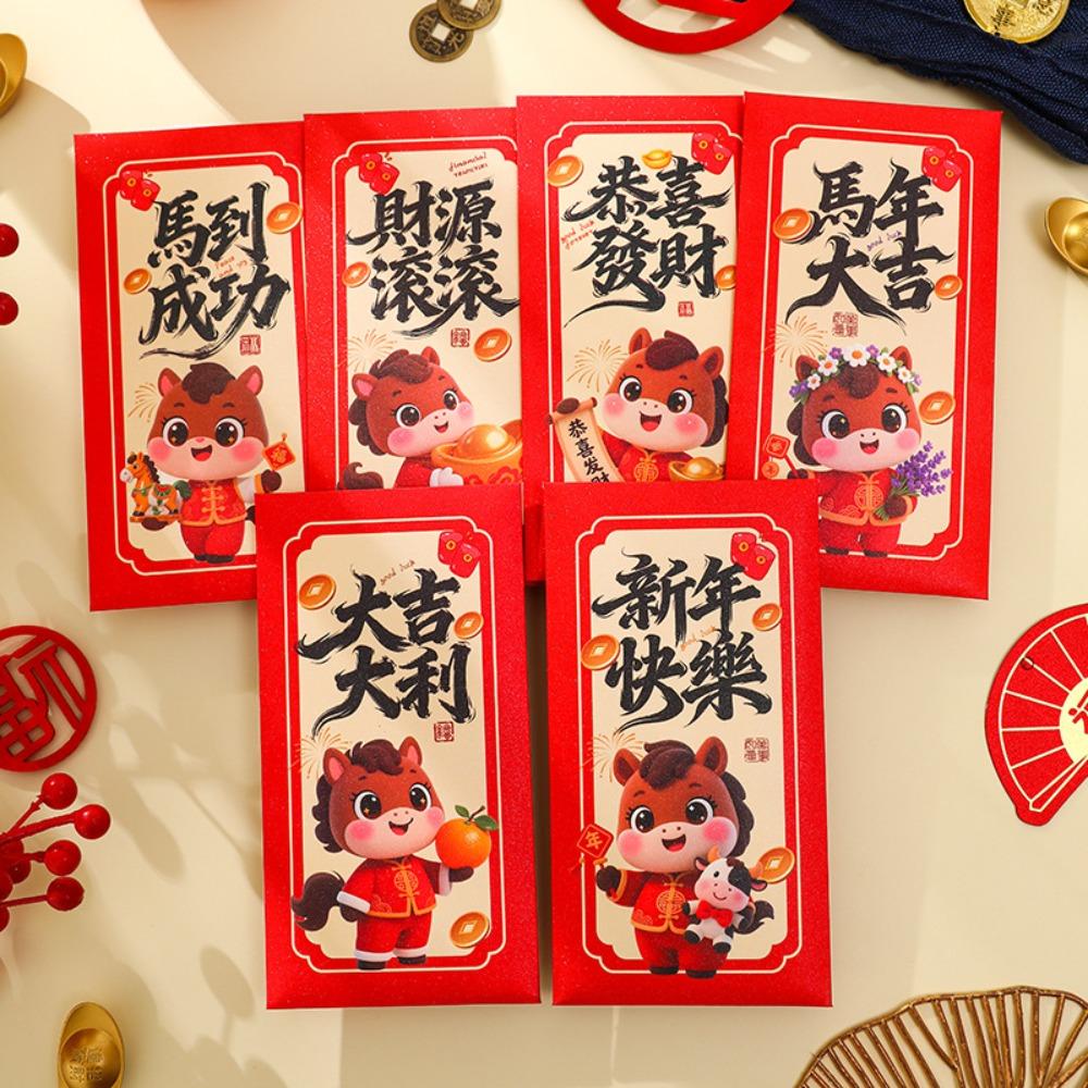 6Pcs/Set Cute 2026 Horse Year Red Envelope Traditional Paper Blessings Printing The Year of The Horse Money Envelope Red Packet