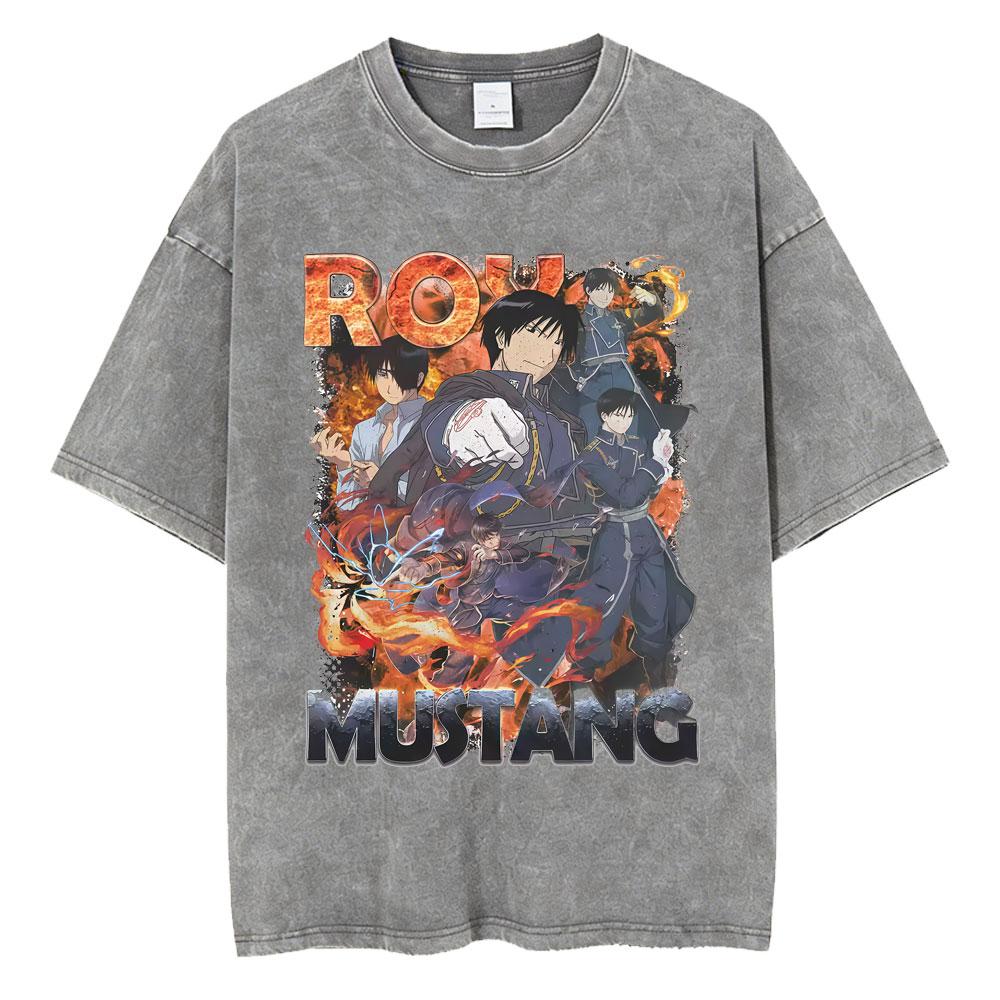 Anime Fullmetal Alchemist Washed Vintage Tshirts Manga Roy Mustang Graphic Tshirt Men Women Casual Cartoon Oversized T Shirts