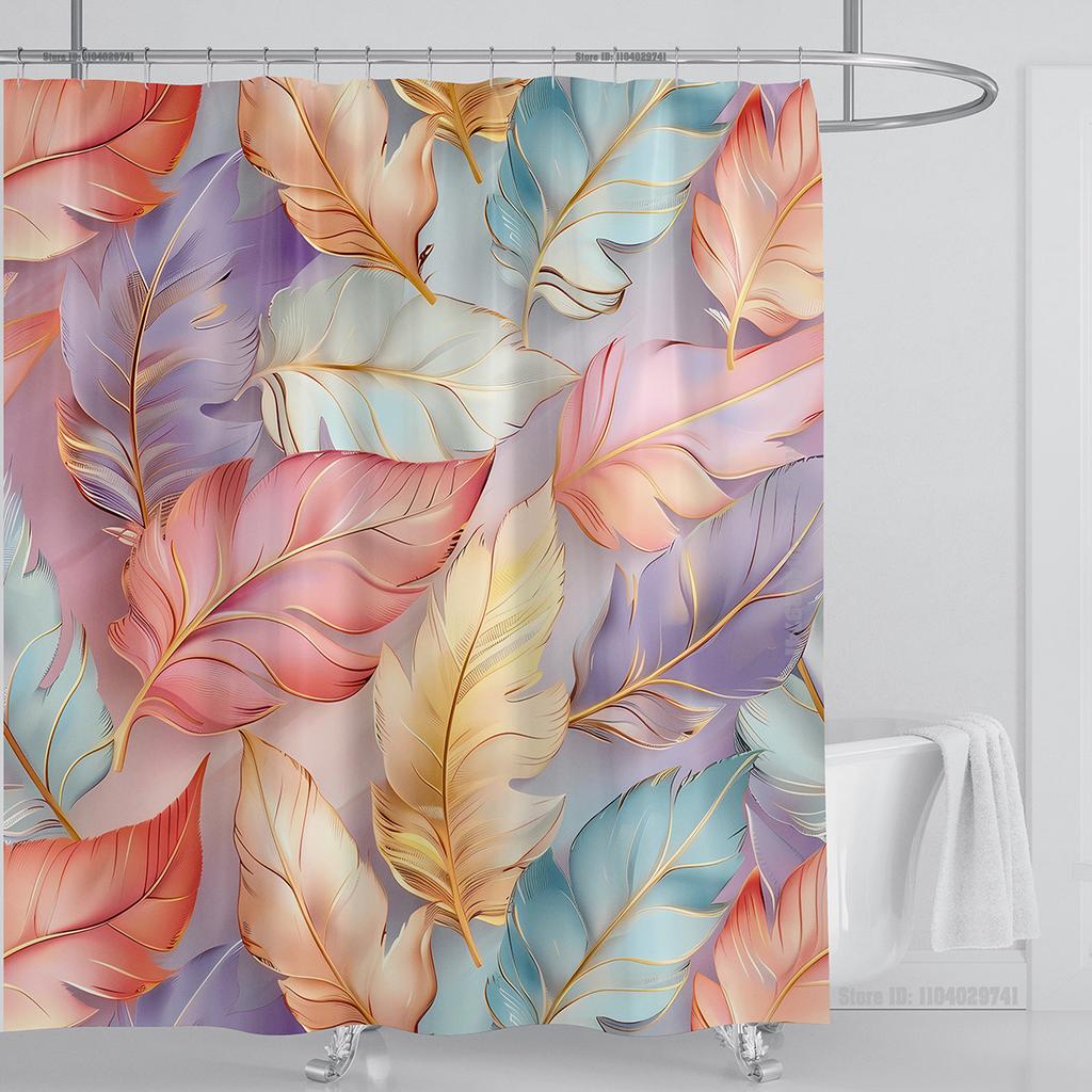 3D Feather Shower Curtain Set Colorful Printed Design Fabric Bathroom Decoration Waterproof Washable Shower Curtain with Hooks