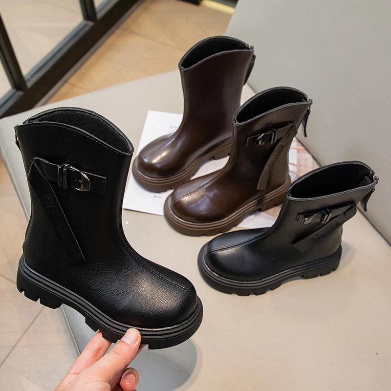 Новые детские ботинки, ботинки для девочек, матовые, однотонные, школьные, черные, весна-осень, модные детские кожаные ботинки по щиколотку, нескользящие