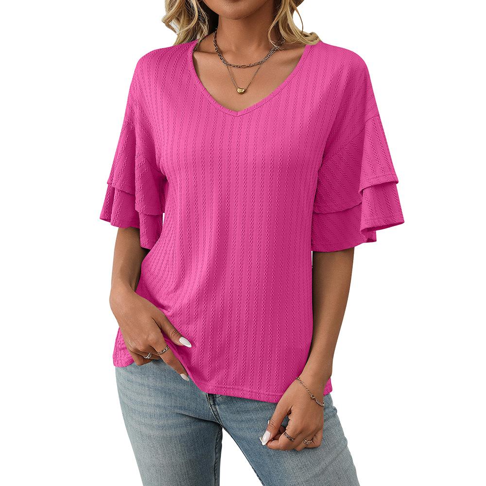 Women's 2025 V-Neck Ruffled Sleeve Short Sleeve T-Shirt, Solid Color Casual Summer Blouse with Flowy Hem for Daily & Vacation Outfits