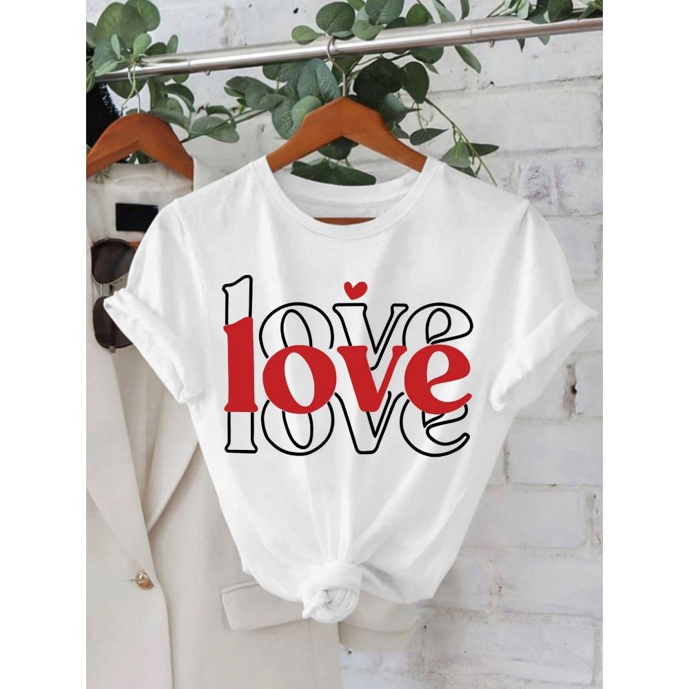 Женская белая красная футболка с принтом LOVE и надписью Heart Повседневный топ с коротким рукавом и круглым вырезом Одежда