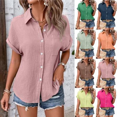 Женские рубашки на пуговицах с коротким рукавом, повседневная рубашка с воротником, свободные блузки, однотонные топы с карманом