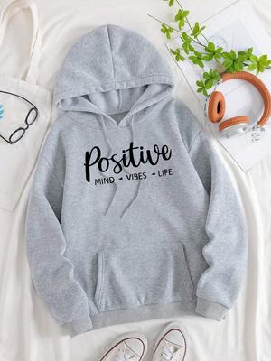 Женские худи из флиса с принтом букв Positive Mind Vibes Life Art, худи в стиле харадзюку, повседневная свободная одежда Y2K с карманом, осенний пуловер