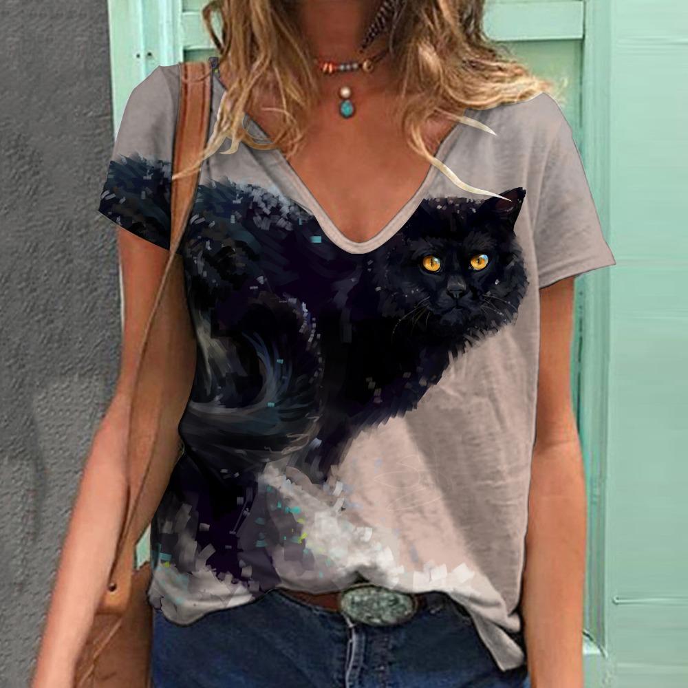 Модная женская футболка с рисунком кошки, короткий рукав, 3D-принт с изображением животных, футболка большого размера с V-образным вырезом, летняя женская одежда Y2k Harajuku