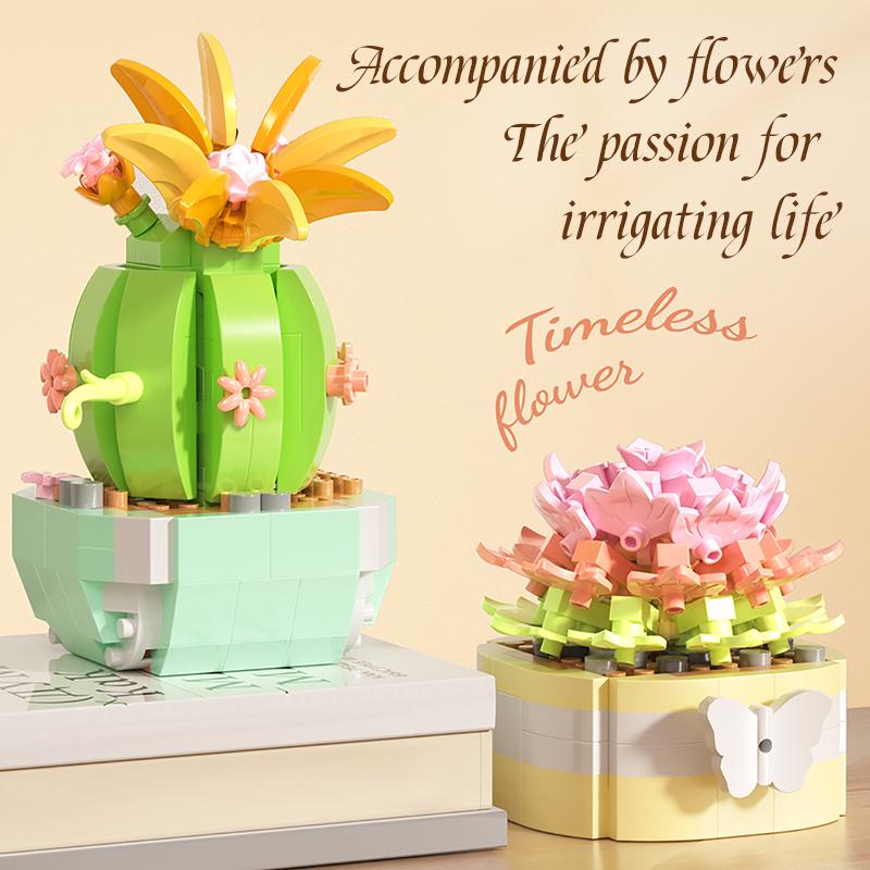 Potted Building Block Succulent Simulation Cactus Sunflower Micro Particle Building Block Toy Desktop Decoration Birthday Toy
