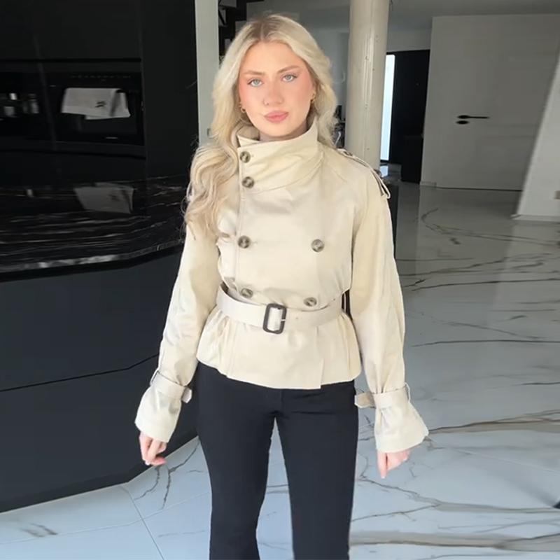 Короткий тренч на шнуровке со стойкой воротником, женский, с длинным рукавом, двубортный, тонкий приталенный жакет, ветровка для通勤, осенняя верхняя одежда 2025
