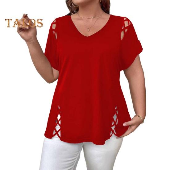 Женская летняя футболка с V-образным вырезом, коротким рукавом, однотонная, свободного кроя, повседневные топы с ажурным перекрестным дизайном