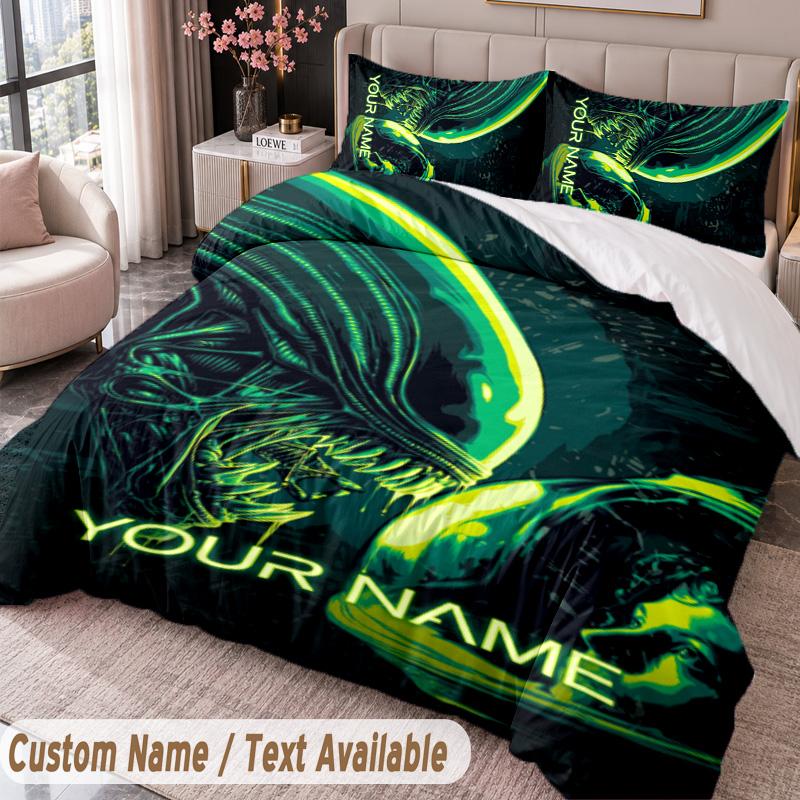 Custom Name Text 3Pcs Bedding Set Alien Xenomorph Duvet Cover And Two Pillowcases