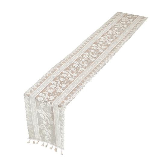 Vintage Lace Table Runner, Rustic Fringed Table Runner, Boho Floral Lace Table Runner with Tassels for Wedding Bridal Shower Dining Table Decoration