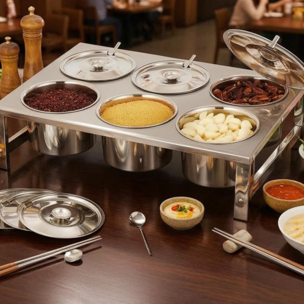 6-Compartment Condiment Station Rectangular Condiment Organizer with Spoons Low-Height Space-Saving for Buffets, Hot Pot Tables