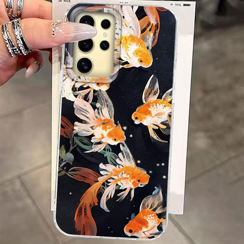 For Samsung Galaxy S25 Edge S24 S23 S22 S21 S20 FE Plus 5G Ultra Koi Goldfish Sparkle Black Glossy Women Girls Bumper Phone Case