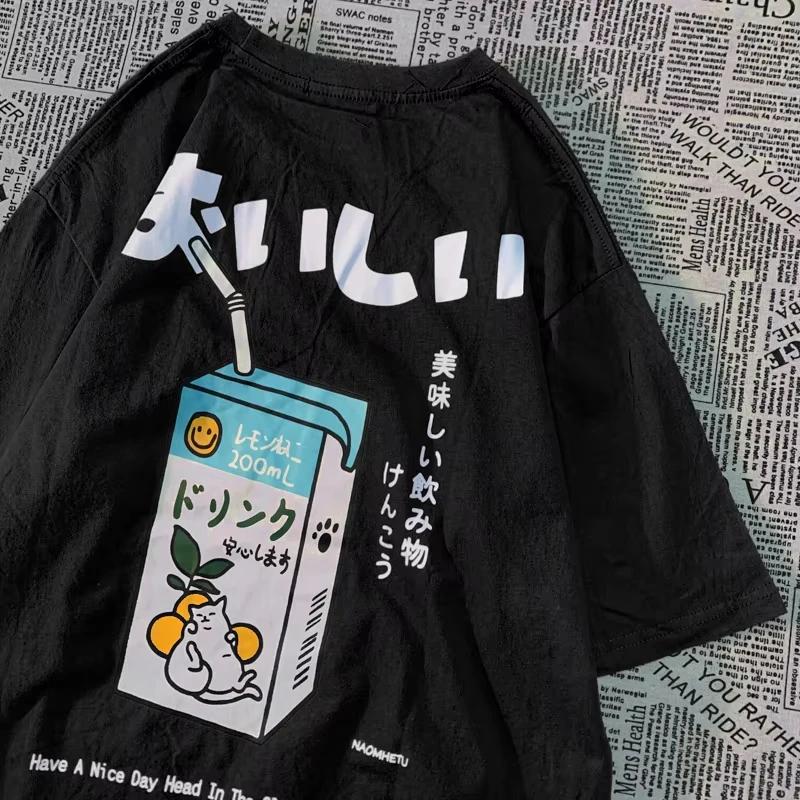 2025 Cute Japanese Cat Print Oversized  men Women Short Sleeve Loose Casual Tee Shirt Streetwear Tops Cotton Harajuku Clothing