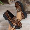 Leopard Print Single Shoes for Women's Spring and Autumn New Retro Versatile Round Head Metal Buckle Thick Sole Large Size Women