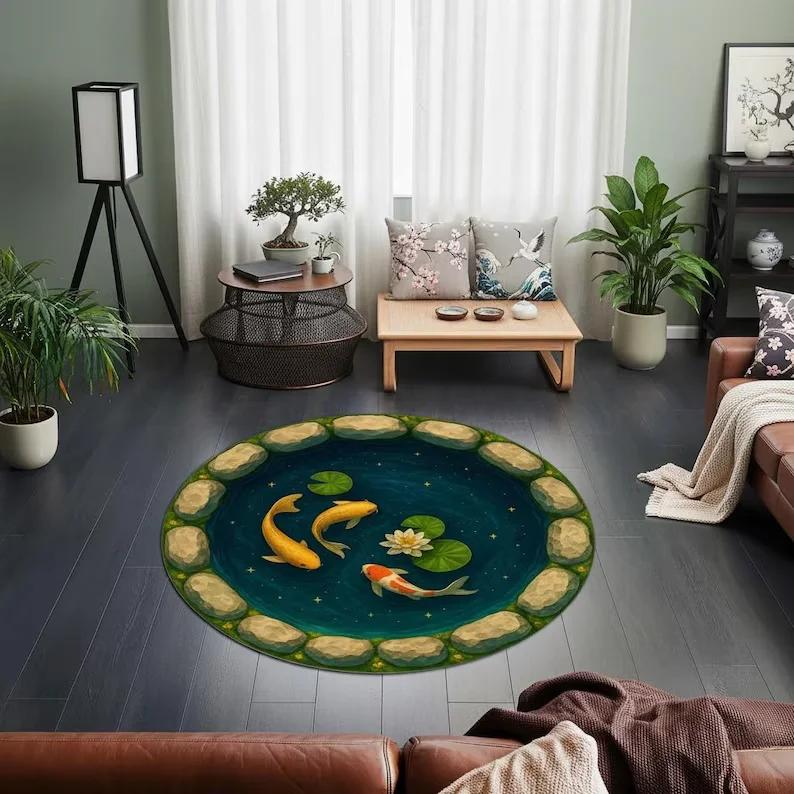 Круглый ковер с изображением рыбок кои дзен, лотоса и ботанического цветочного дизайна, ковер в восточном японском стиле, декор для медитации и гостиной
