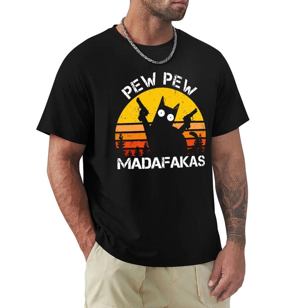 Мужские футболки с принтом Pew Pew Madafakas Cat With Two Guns, летние хлопковые футболки, дышащая свободная одежда, уличные футболки в стиле хип-хоп