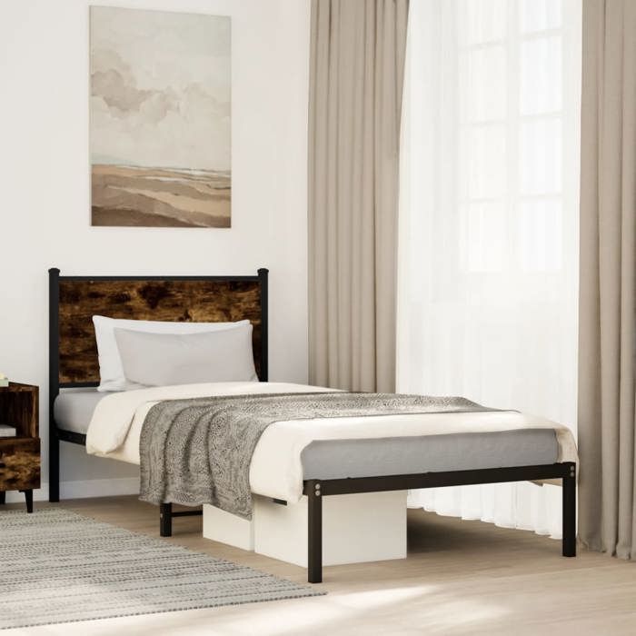 VidaXL Cadre de lit en métal avec tête de lit chêne fumé 90x200 cm, lit simple, meuble de chambre à coucher, lit d'invité, 4007660