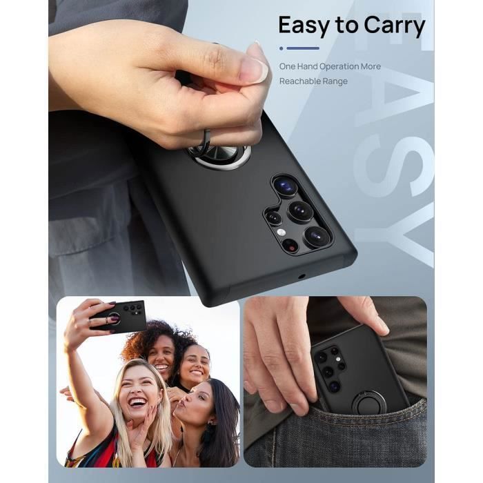 Защитный чехол - для Samsung Galaxy S23 Ultra - Черный силикон - Кольцо-подставка - Амортизация