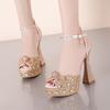 New Fish Mouth High Heels Thick Heels 14cm Water Diamond Pearl Decoration Women's Single Shoes Wedding Bridal Shoes Women Shoes