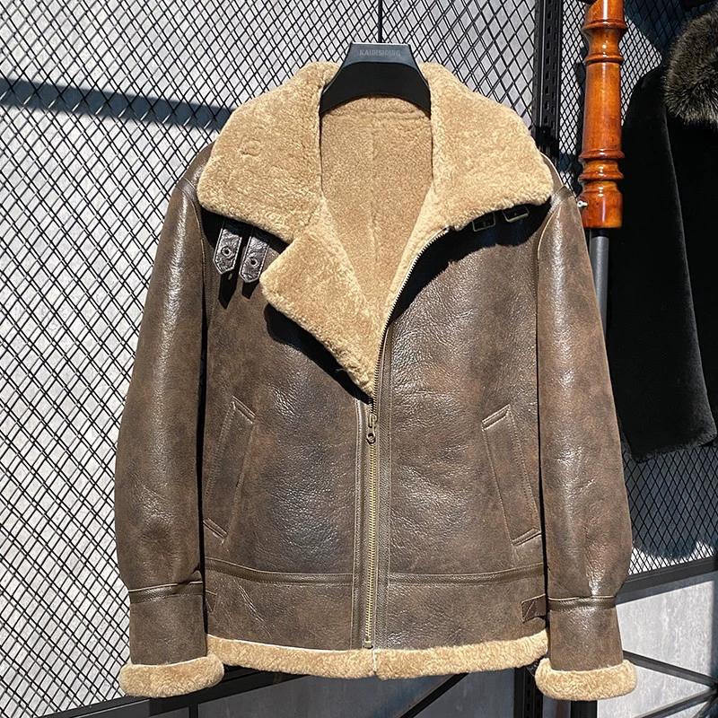 Genuine Sheepskin Leather B3 Bomber Jacket Mens Winter Fur Lined Thick Warm Flying Coat