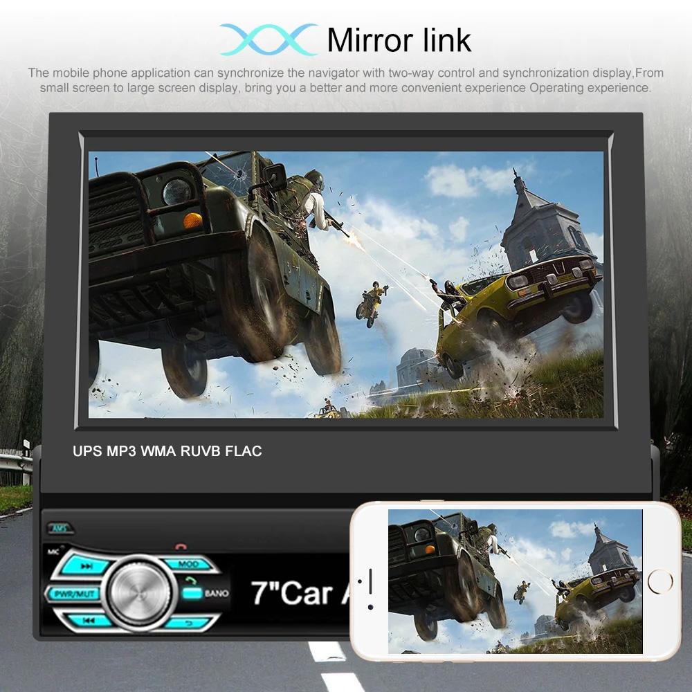 1 Din Radio with Bluetooth, 7 Inch Flip Out Screen Retractable Car Stereo Support FM/SWC/TF/USB/Type C/AXU + Rear View Camera