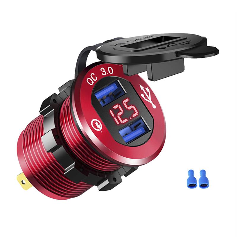 Автомобильное зарядное устройство Quick Charge 3.0 с двумя USB-портами, розетка для быстрой зарядки, алюминиевая розетка со светодиодным вольтметром для автомобильной лодки 12 В 24 В