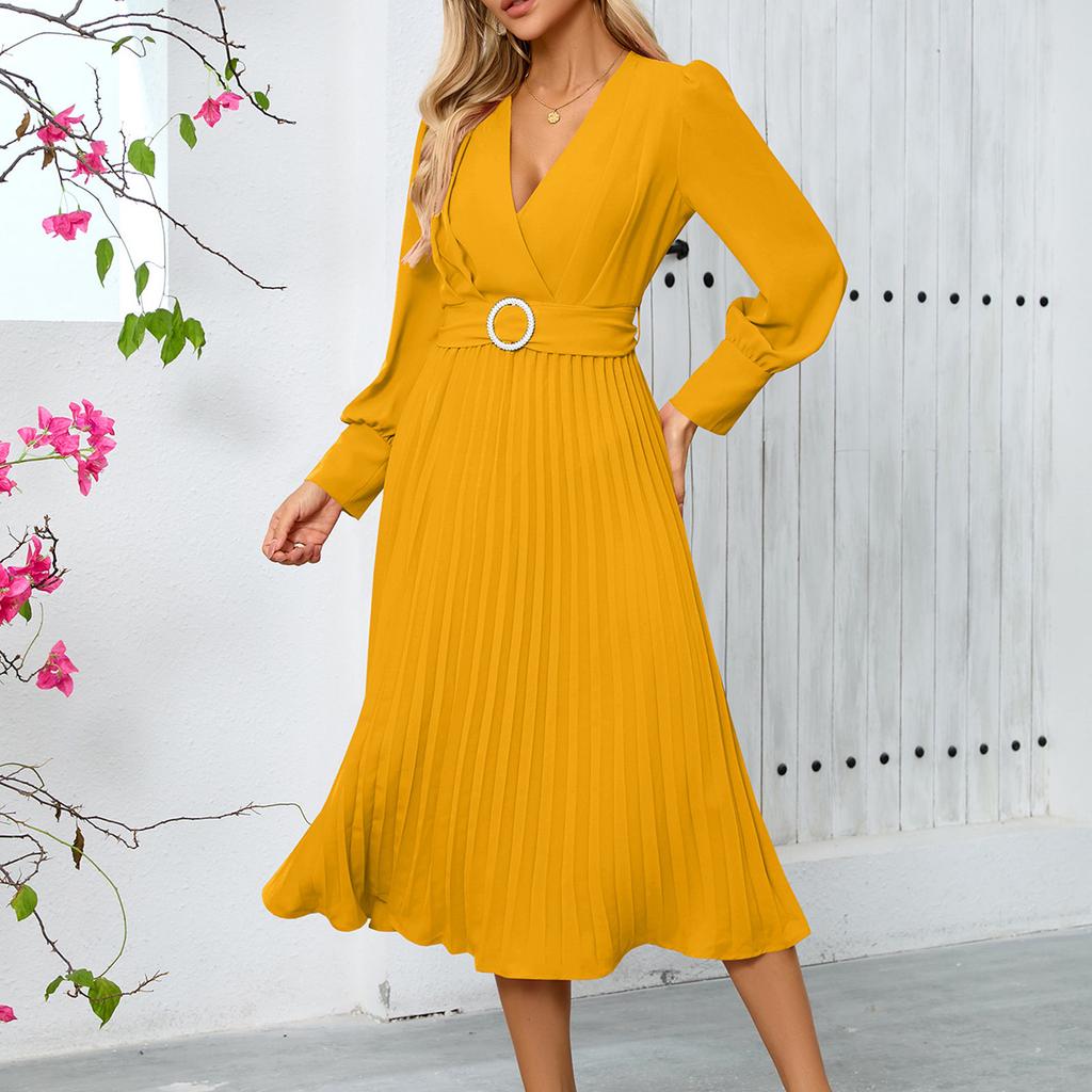Women's Fashion V-Neck Long Sleeve Solid Colour Slim Dress Loose Casual Dresses