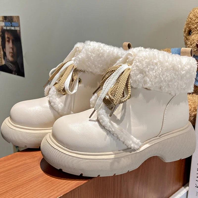 Женская обувь Ботильоны в стиле панк, элегантные женские зимние сапоги на среднем каблуке, боевые туфли Мэри Джейн в стиле Лолита, с ягненком на слипе, плюшевые, из искусственной кожи