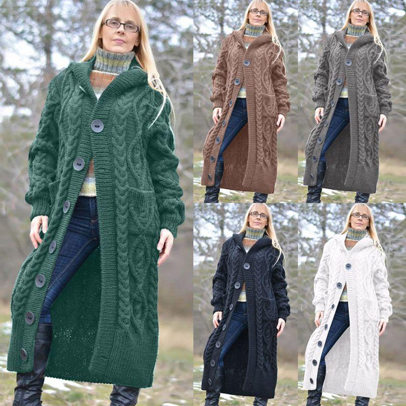 Knit Singlebreasted Womens Sweater Coat Hooded Button Tops Fashion Jacket Long
