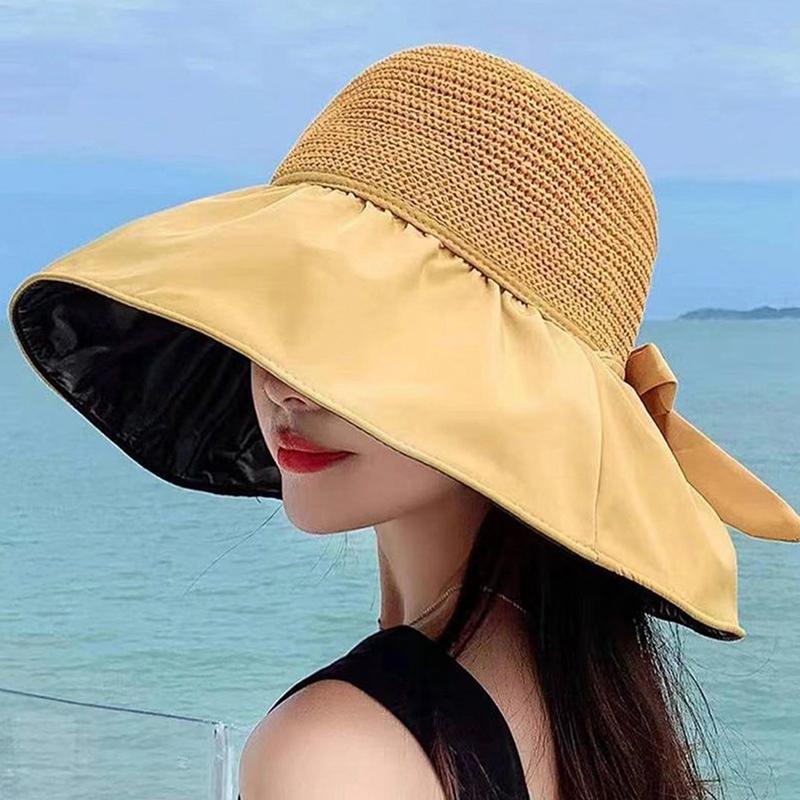 Summer New Women'S Bucket Hat, Uv Protection Sun Hat Solid Color Wide Brim, Foldable Beach Outdoor Ponytail Cap