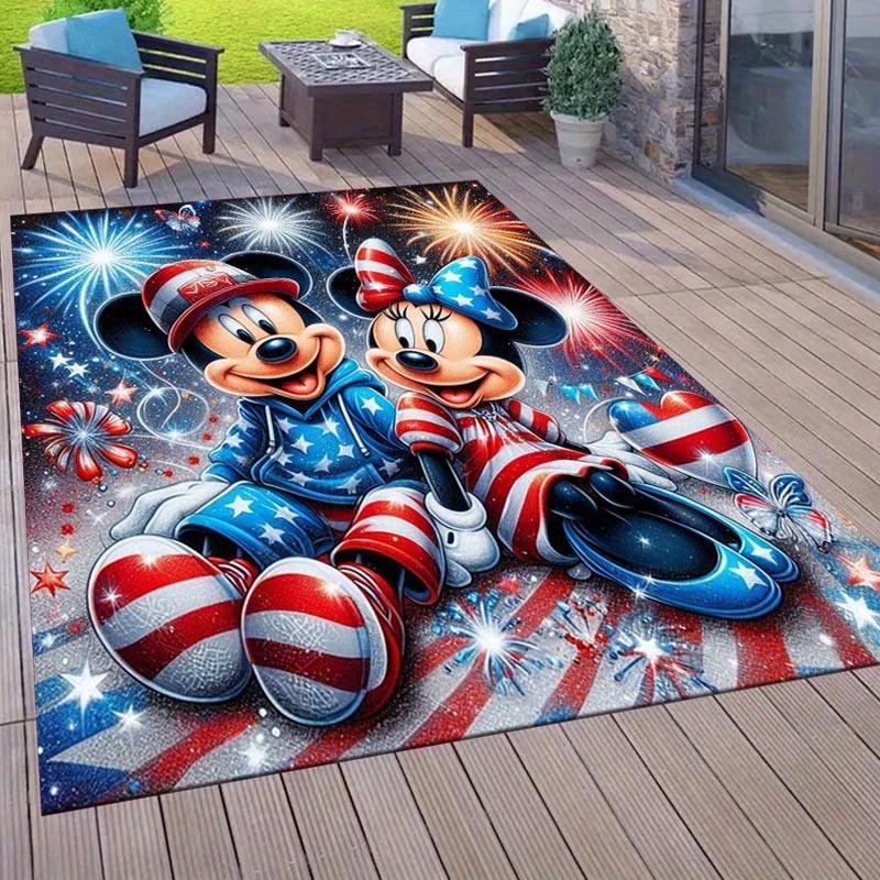 1pc Mickey Mouse Minnie Fireworks Pattern Area Rug Soft Flannel Floor Mat for Living Room, Office, Bedroom, Outdoor and Camping, Sofa Coffee
