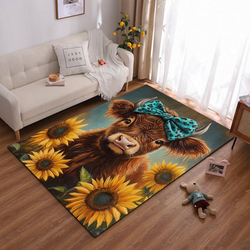 "Highland Cow with Bow and Sunflowers Non-slip rug suitable for living room and bedroom sofas"