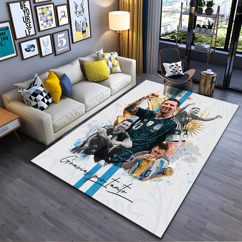 Sports Area Rug, Lionel Messi Argentina Gracias Por Tanto Black Jersey Three Stars Gold Print, Fan Decor, Non-Slip Mat