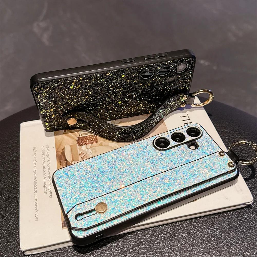 Wrist Strap Bracket Ring Phone Case for Samsung Galaxy S25 Ultra S24 S23 S22 S21 Plus Flash Diamond Leather Hard Shell Cover