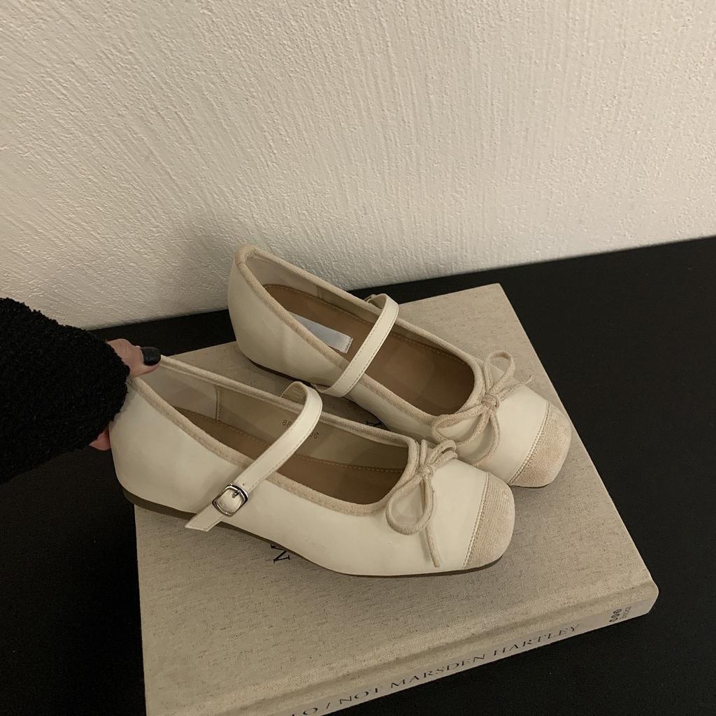 Inner Height Increase Mary Jane Shoes Women's Spring 2025 New Bow Square Head Silver Splicing Flat Ballet Shoes