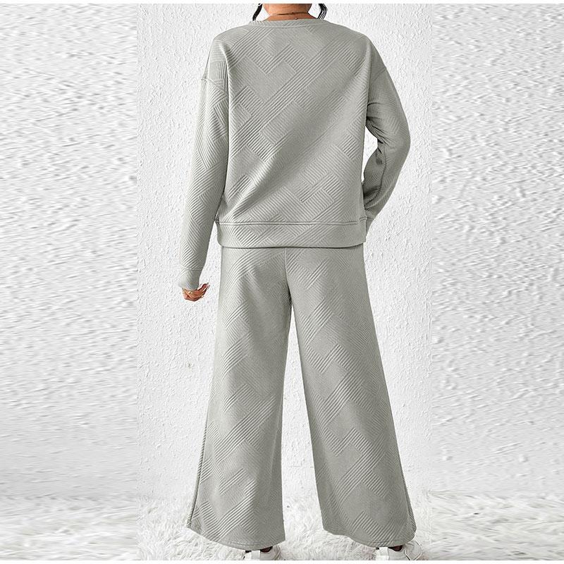 Autumn Women's Pure Color Wide Leg Pants Set Long Sleeved Round Neck Pullover Drawstring Pants Female Suit