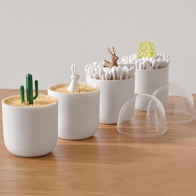 Creative Toothpick Holder Plastic Cotton Swab Holder with Cute Mini Cactus Trees Rabbit Table Accessories Home Decor